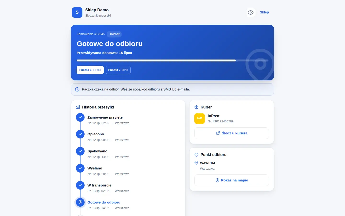 Przykładowa strona śledzenia przesyłki w GrowTrack